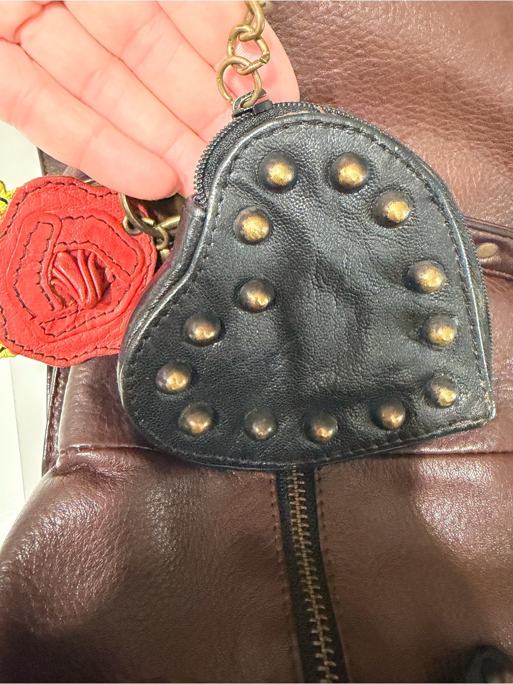 Betsey Johnson Brown Leather Heart Bowler Hobo Bag Large Studded - Picture 9 of 16